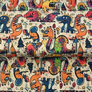 Cartoon Dinos on Cream Cotton Lycra