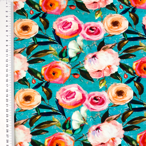Peony Blossoms on Aqua Cotton Lycra Knit