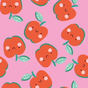Smiling Apples on Pink Cotton Lycra Knit