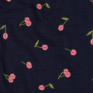 Embroidered Cherries on Navy Double Gauze