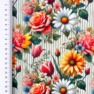 Rose Bouquet on Sage Stripe Viscose Lycra Rose Bouquet on Sage Stripe Viscose Lycra