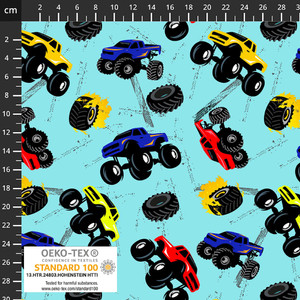Stof Fabrics Monster Trucks on Aqua Cotton Lycra Knit