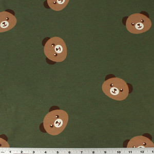 Bear Faces on Olive Green Baby Terry Crepe