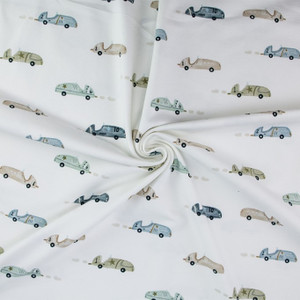Vintage Race Cars on White Cotton Lycra