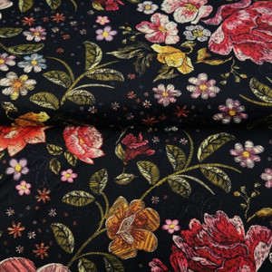 Faux Floral Embroidery on Black Cotton Lycra