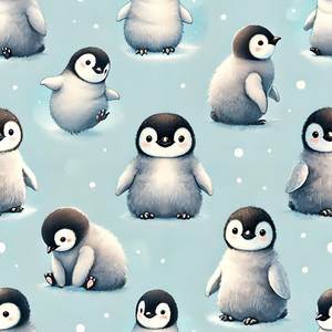 Happy Penguins on Blue Cotton Lycra French Terry