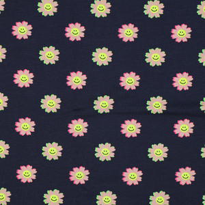 Neon Smiley Face Floral on Navy Cotton Lycra Knit