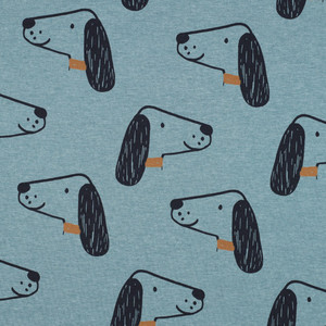 Doodle Dog Faces on Blue Melange Cotton Lycra
