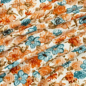 Coral & Aqua Floral on Ivory 4x2 Rib Knit