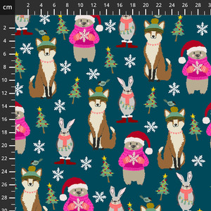 Stof Fabrics Christmas Animals on Teal French Terry