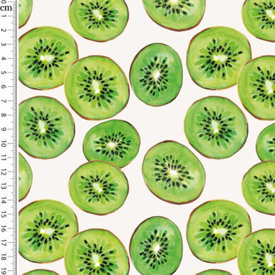 Tossed Kiwis on White Cotton Lycra Euro Knits KnitFabric.com