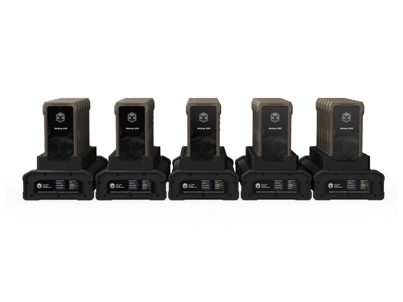 Five VELOX Charge/Data Docks daisy chained for up to thirty EUDs