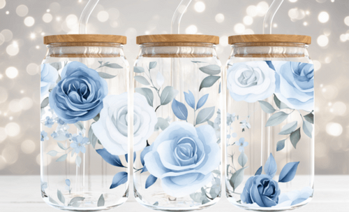 Blue Roses Soda Can Cup - Clear Glass 16oz.