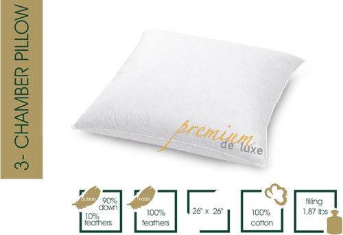 Duck Down Pillow Euro size 26x26 in - Made in Germany 3-Chamber Down Pillow