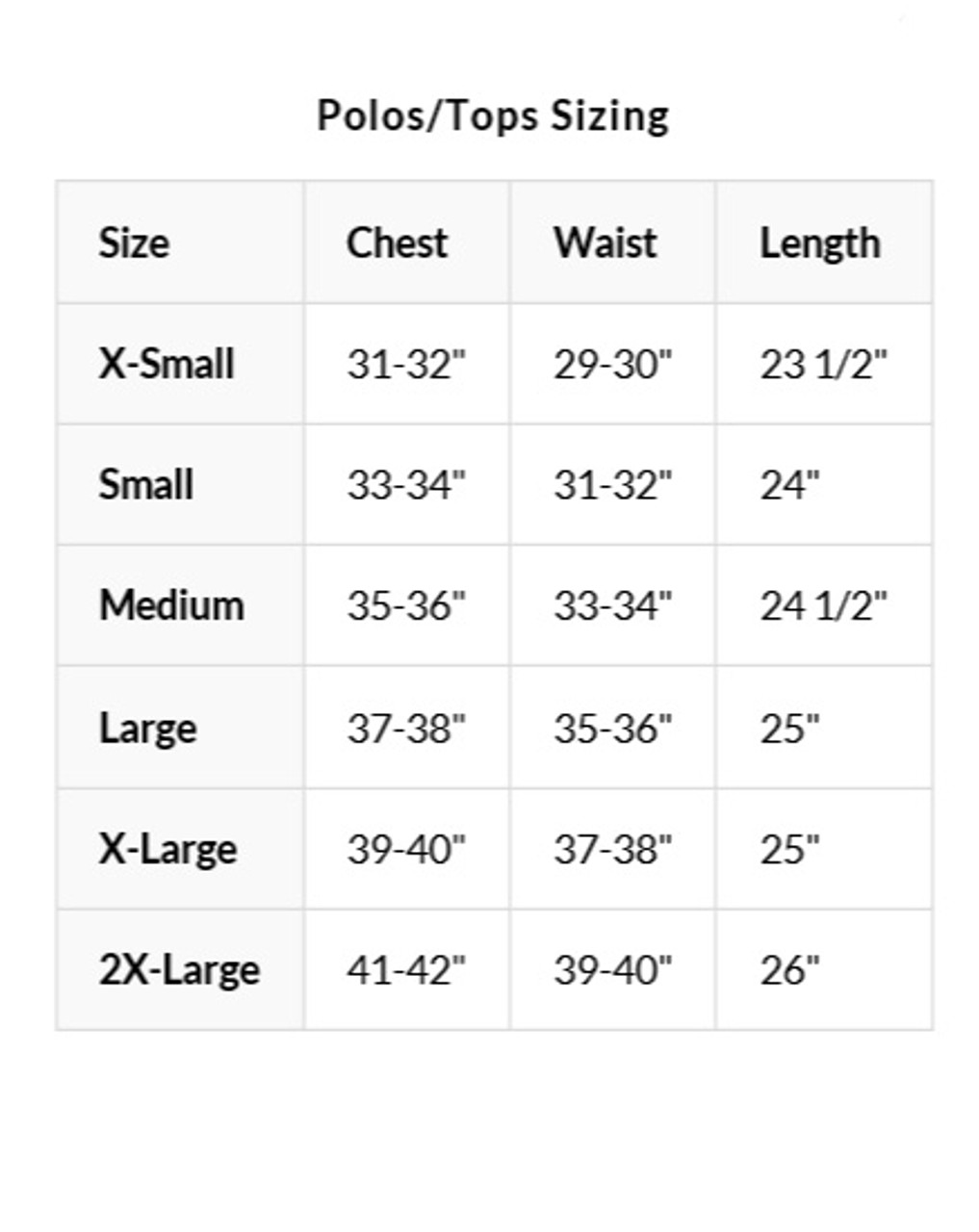 Golftini Size Chart