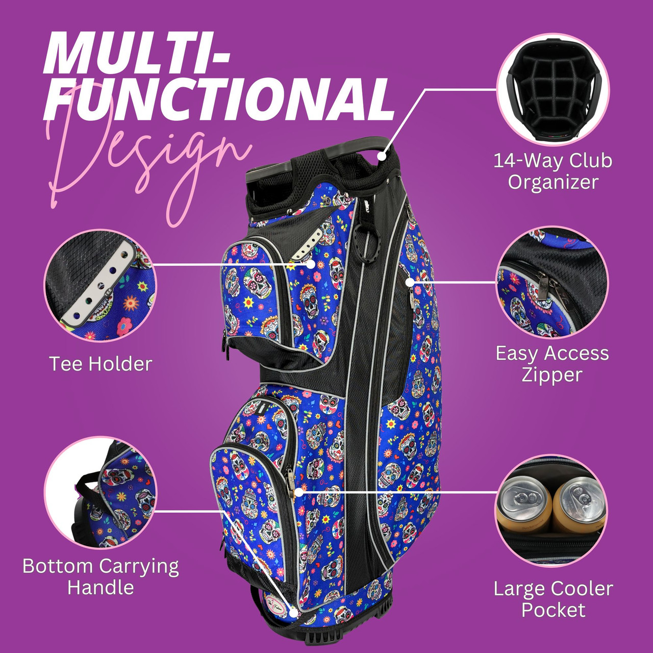 Womens Golf Bag | 14-Way, Blue Sugar Skulls | Taboo Fashions
