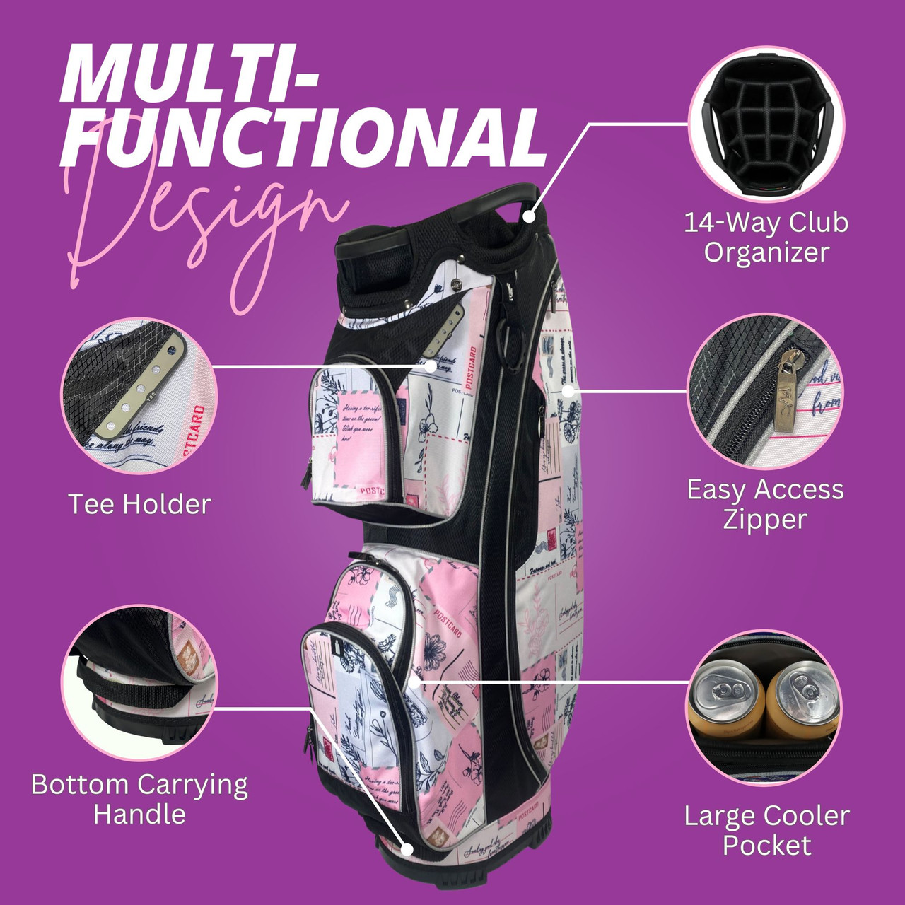 Womens Golf Bag | 14-Way, Pink Love Notes | Taboo Fashions