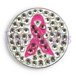 Bonjoc Pink Ribbon Swarovski Crystal Golf Ball Marker Accessory with magnetic hat clip.  Handcrafted with 100% genuine Swarovski crystal.  Perfect for corporate gifts or tee prizes. Comes with carrying pouch.