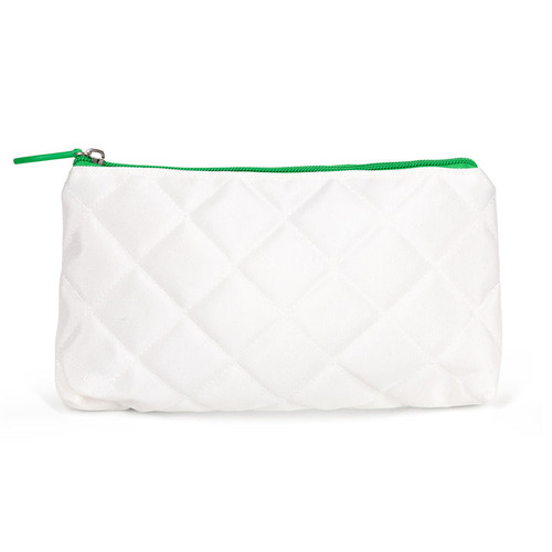 Small quilted white pouch with green zippers and trim.