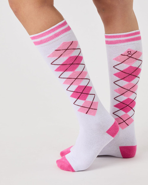 White Radiant Pink Argyle Knee Socks image 1