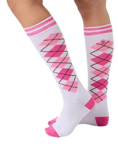 White Radiant Pink Argyle Knee Socks image 1