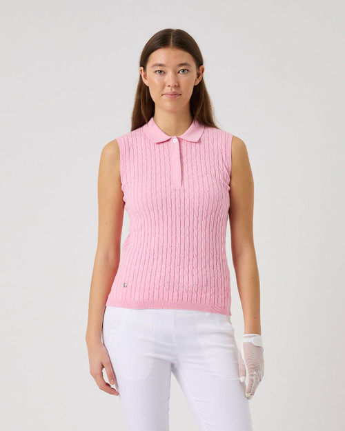 Madelene Prism Pink Cable Knit Sleeveless Polo Shirt image 1
