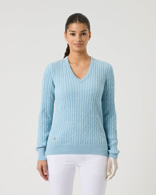 Madelene Breezy Blue Cable Knit V-Neck Sweater image 1