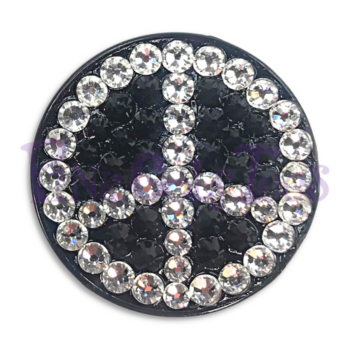 Bonjoc Black Peace Sign Swarovski Crystal Golf Ball Marker Accessory with magnetic hat clip.  Handcrafted with 100% genuine Swarovski crystal.  Perfect for corporate gifts or tee prizes. Comes with carrying pouch.