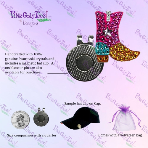 Bonjoc Pink Boots Swarovski Crystal Magnetic hat clip for easy access to the ball marker. 