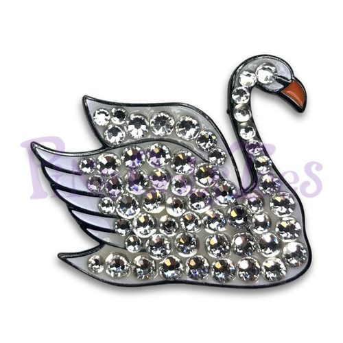 Bonjoc Swan Swarovski Crystal Golf Ball Marker Accessory with magnetic hat clip.  Handcrafted with 100% genuine Swarovski crystal.  Perfect for corporate gifts or tee prizes. Comes with carrying pouch.