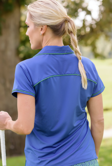 Birdies & Bows Pitch Putt Navy Blue Ladies Golf Polo with Green Trim