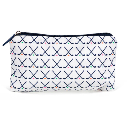 Front view of white small nylon makeup pouch with navy crossed golf club pattern printed on bag