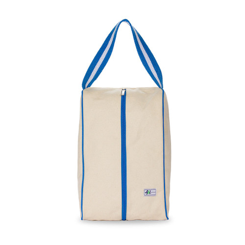 rectangular tan canvas shoe bag with bright blue handles.