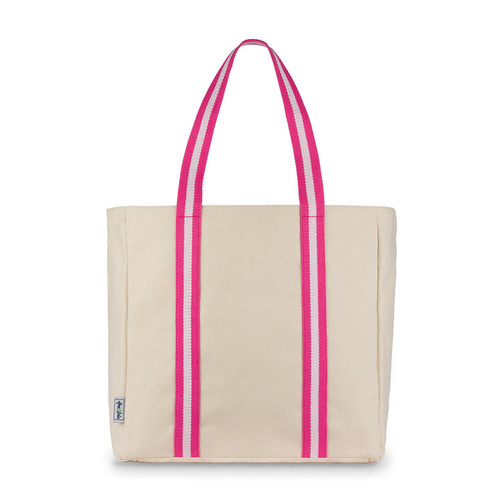 natural canvas tote with hot pink and white cotton webbing straps
