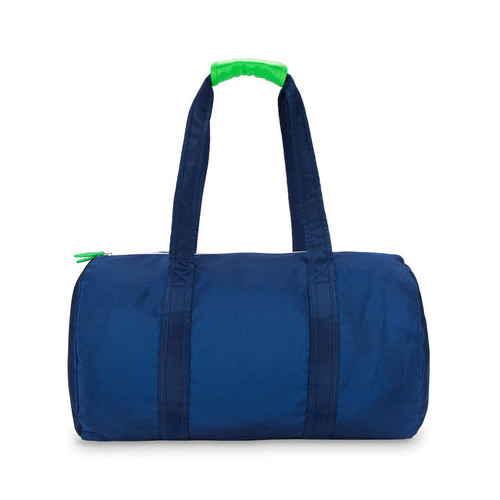navy nylon duffel with lime green cap on straps
