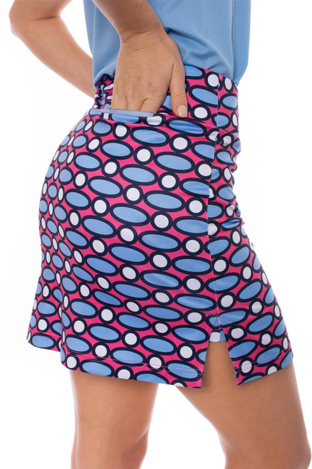 The circle and oval print on Rock and Roll is a mix of hot pink, navy, sky blue, and white. Easily pair your favorite Golftini colors to this fun pull-on skort. Inspired by a polka dot print, this skort is sure to brighten your day.
