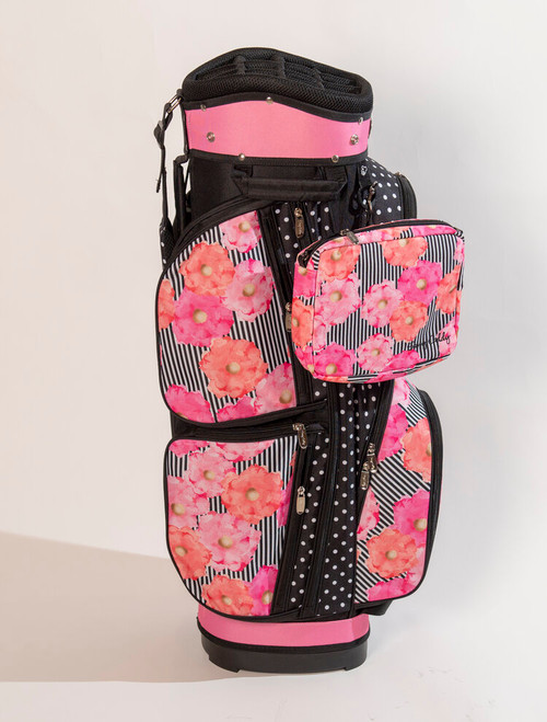 With fewer pockets than our deluxe cart bags, these bags are lighter, weighing only 3.5 pounds. Shoulder strap is located at back of bag, allowing us to design more pockets and features on front side of golf bag. We switched out the round purse for a rectangular clutch-style purse that can be worn as a cross-body bag.