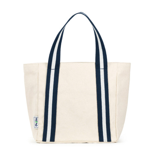 mini natural canvas tote with navy and white cotton webbing straps