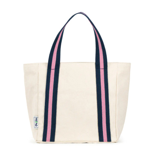 mini natural canvas tote with pink and navy cotton webbing straps