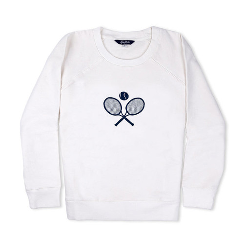 White sweatshirt lays flat on white background with navy crossed racquets embroidered on the front