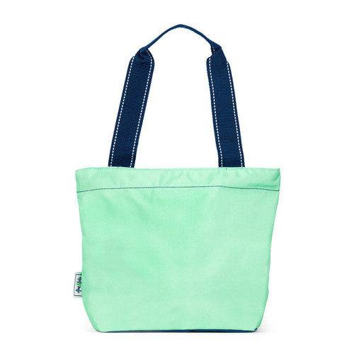 view of mint mini surfside tote with navy straps