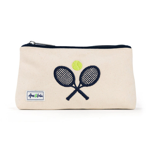 small natural canvas pouch with navy zipper and navy crossed racquets embroidered on front