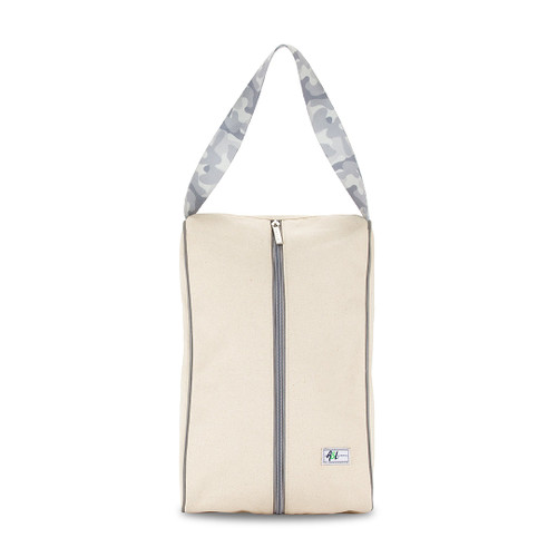 rectangular tan canvas shoe bag with grey camo handles.