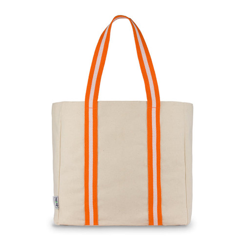natural canvas tote with orange and white cotton webbing straps