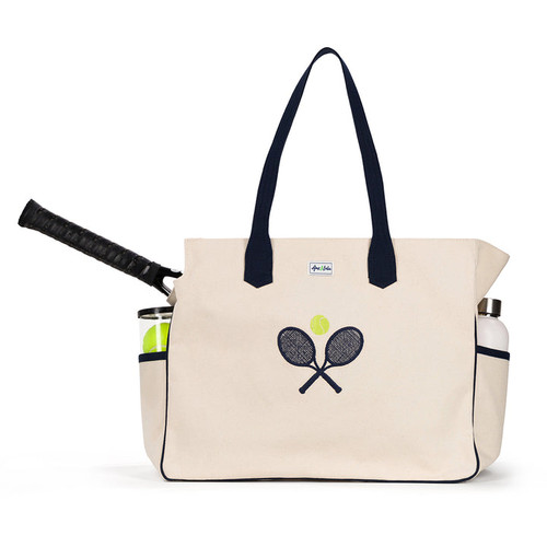 Natural canvas tote with navy straps and front panel embroidered with navy crossed racquets and lime tennis ball.