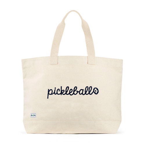 canvas tote bag with navy stitching that says "pickleball"