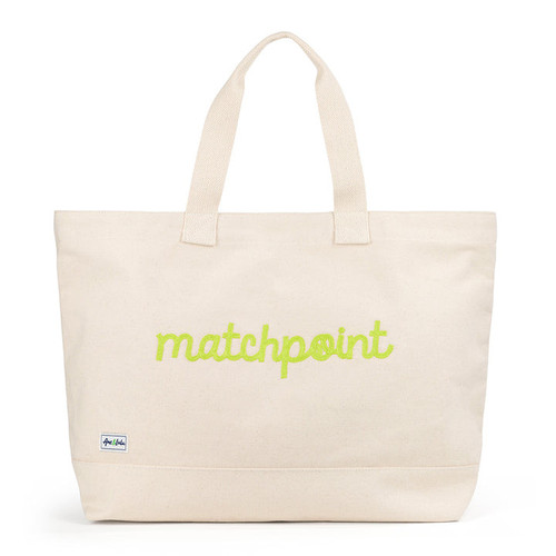 Canvas large tote with the front embroidered with the word matchpoint in a lime cursive font
