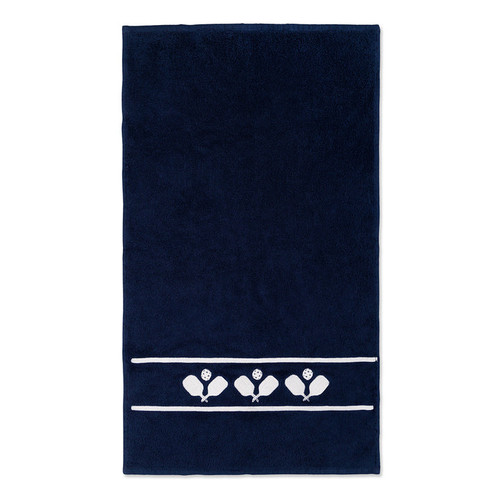 Navy cotton terry towel with three sets of white crossed paddles embroidered on the bottom of the towel