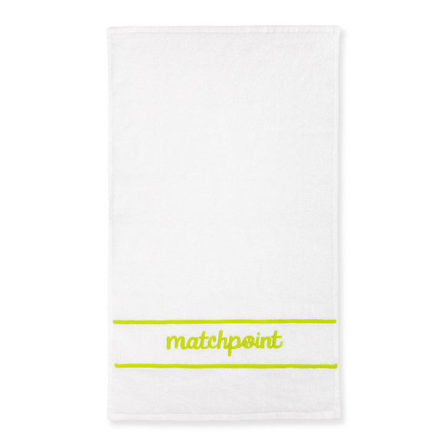 White cotton terry towel with the word "matchpoint" embroidered on in lime with embroidered line above and below the word.