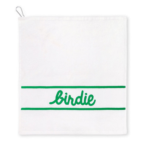 White cotton terry towel with the word "birdie" embroidered in a green cursive font on the bottom of the towel